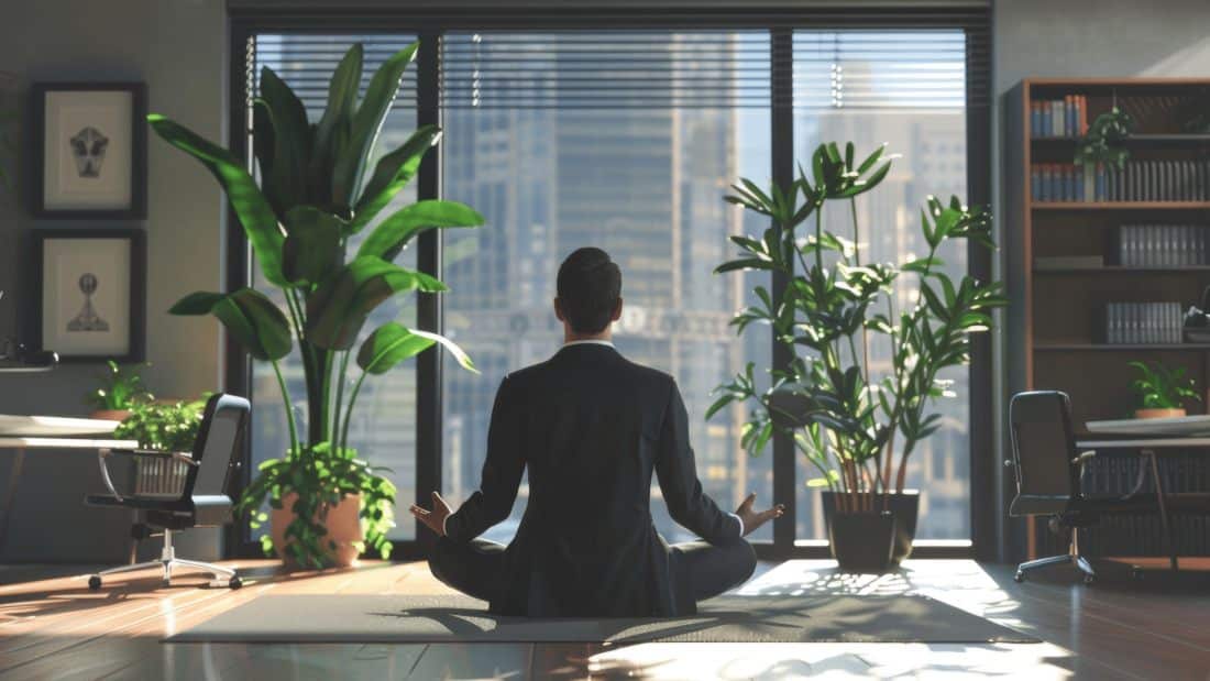 A Suited Person Meditates Peacefully in Front of a Large Sunlit Window in North America 