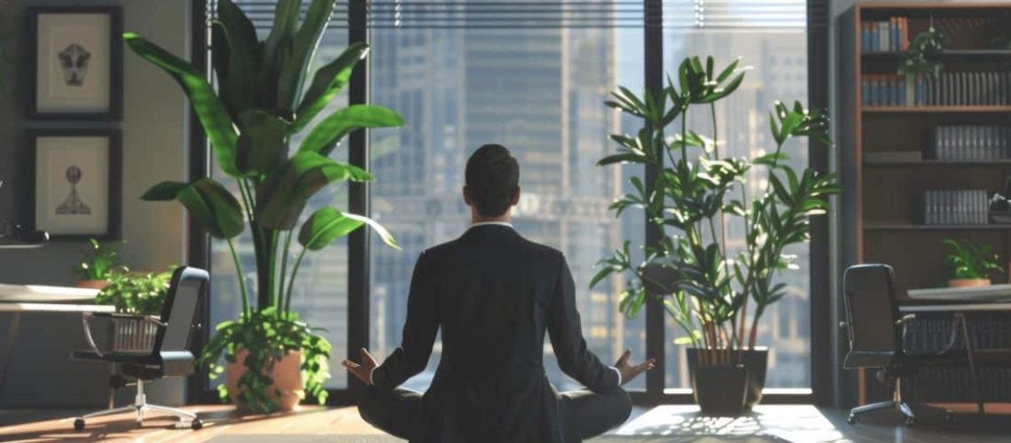 A Suited Person Meditates Peacefully in Front of a Large Sunlit Window in North America 