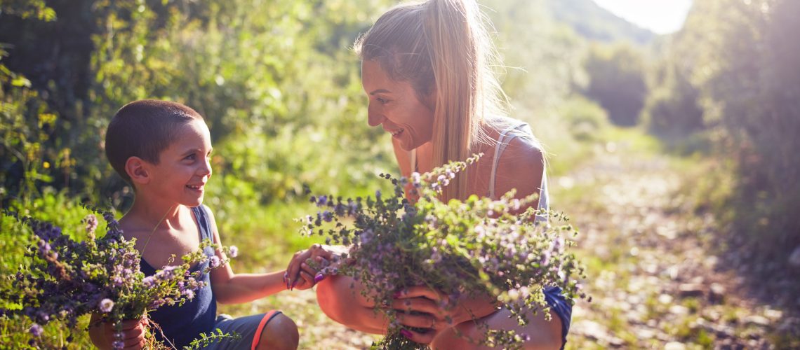 Mother,And,Son,Picking,Flowers,/,Herbs,In,Nature.